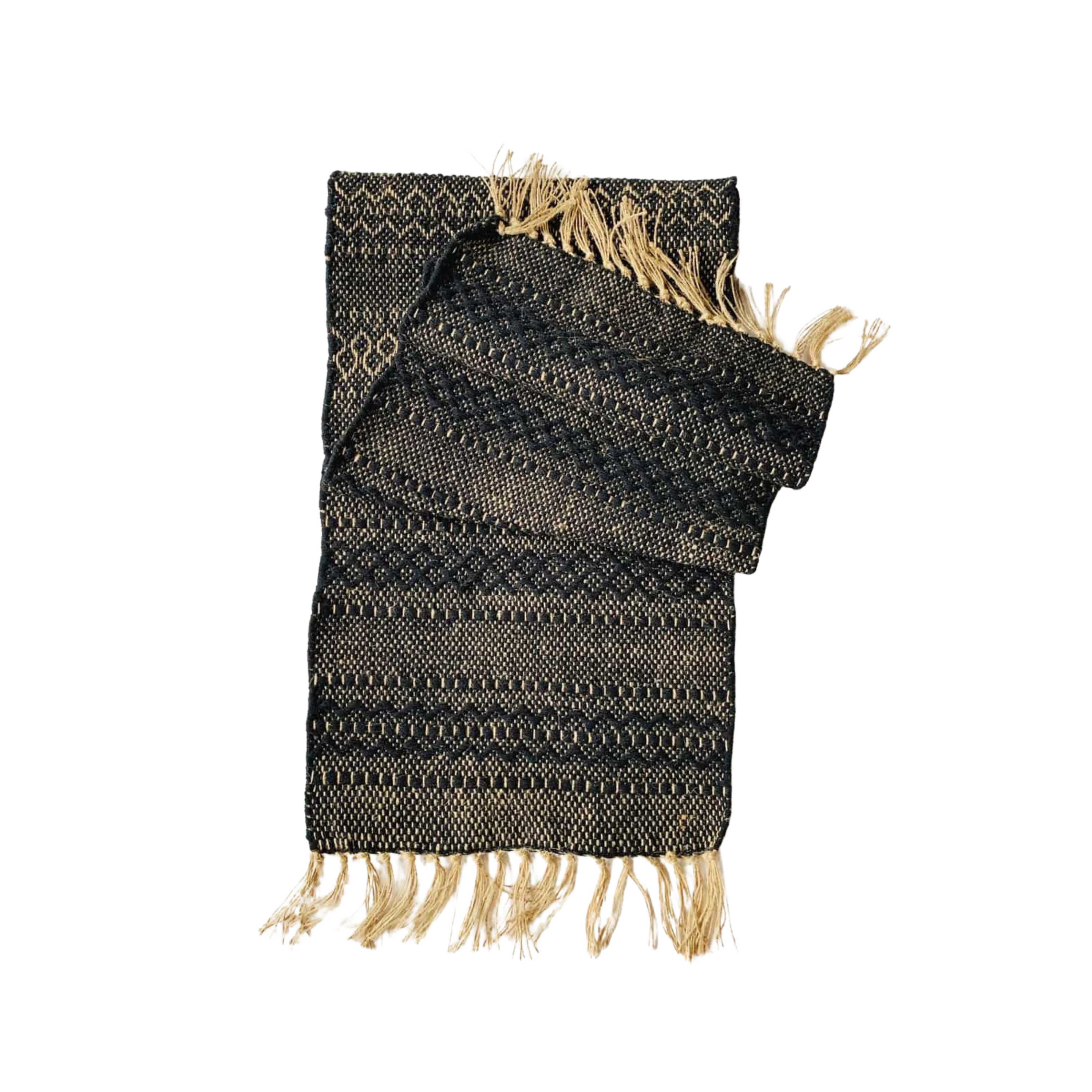 Løper i jute og bomull i sort med vevd struktur og dekorative frynser, 40x150 cm