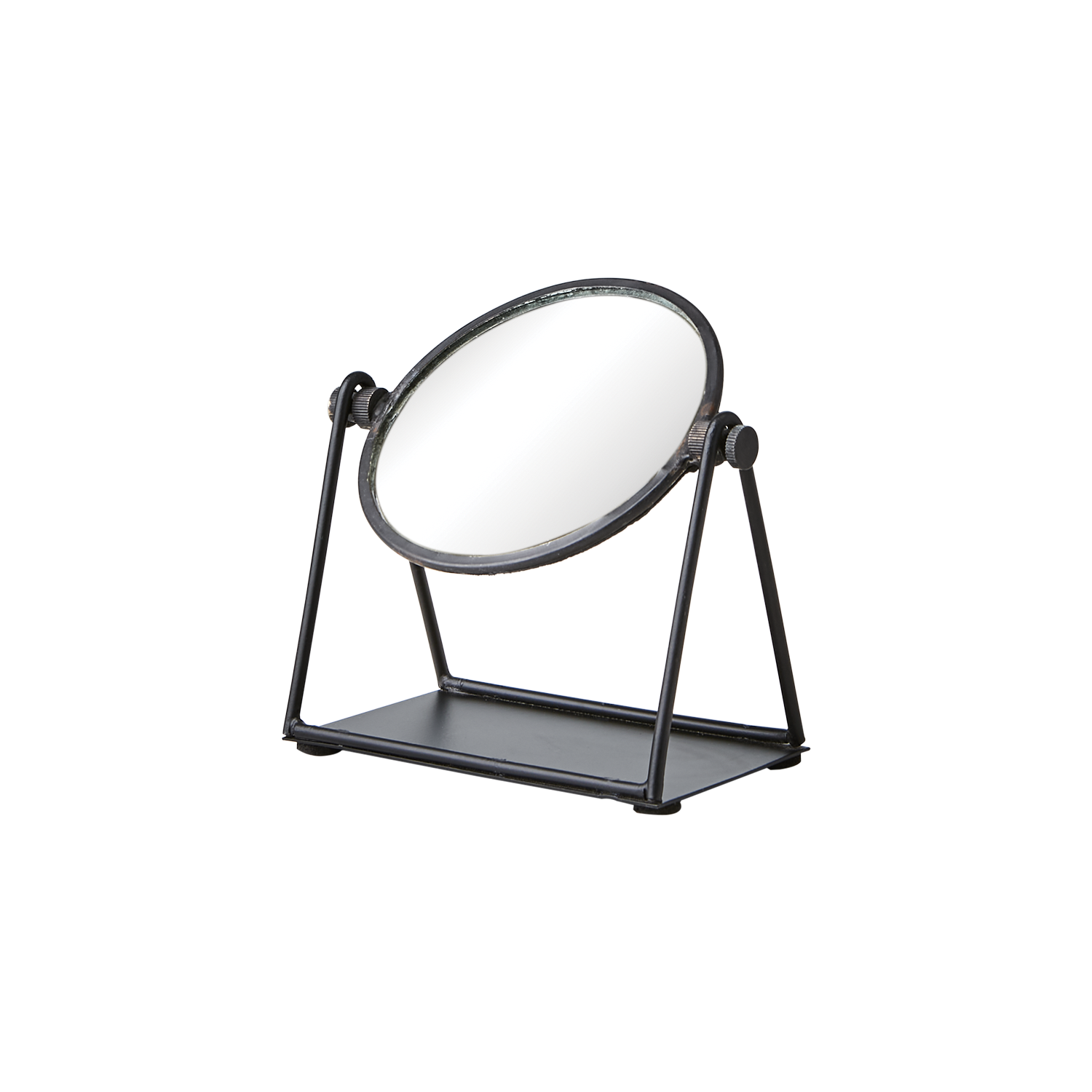 Affari of Sweden rundt sminkespeil i svart jern med vippefunksjon og bunnhylle