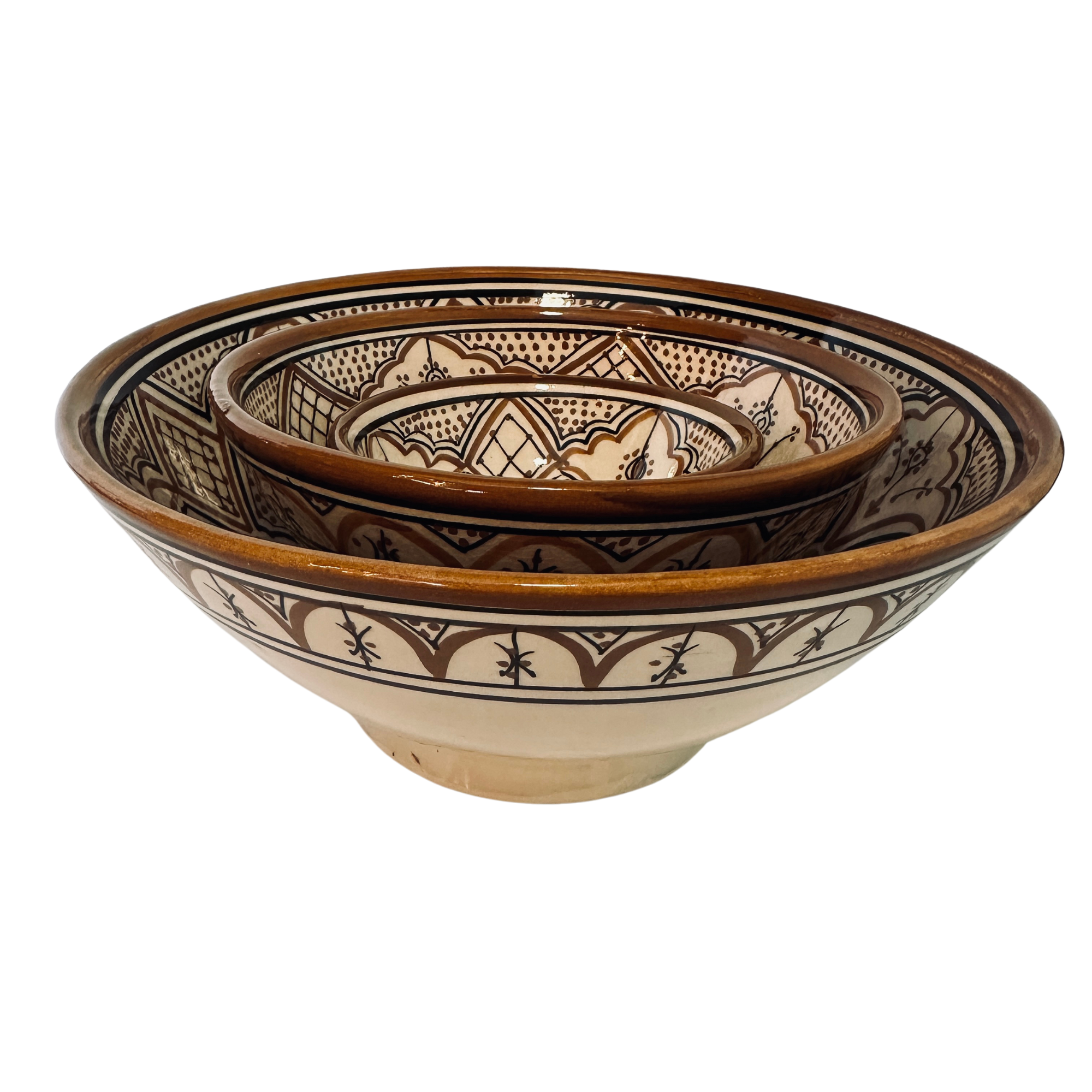 Håndmalt marokkansk keramikkskål i brun og svart med tradisjonelle mønstre, Ø25,5 cm