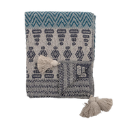 Milas pledd i blått og natur fra Creative Collection – resirkulert bomull med frynser og mønster