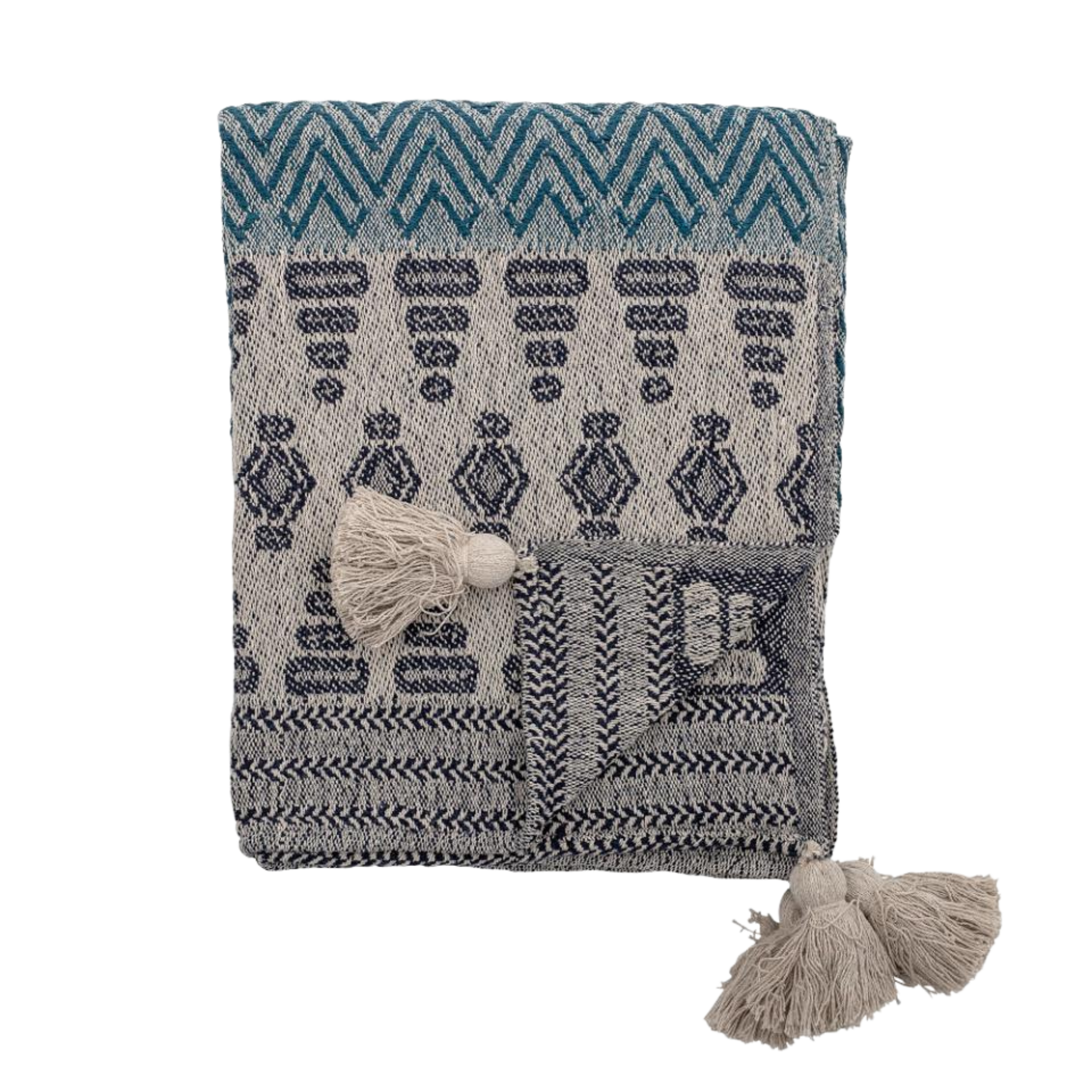 Milas pledd i blått og natur fra Creative Collection – resirkulert bomull med frynser og mønster