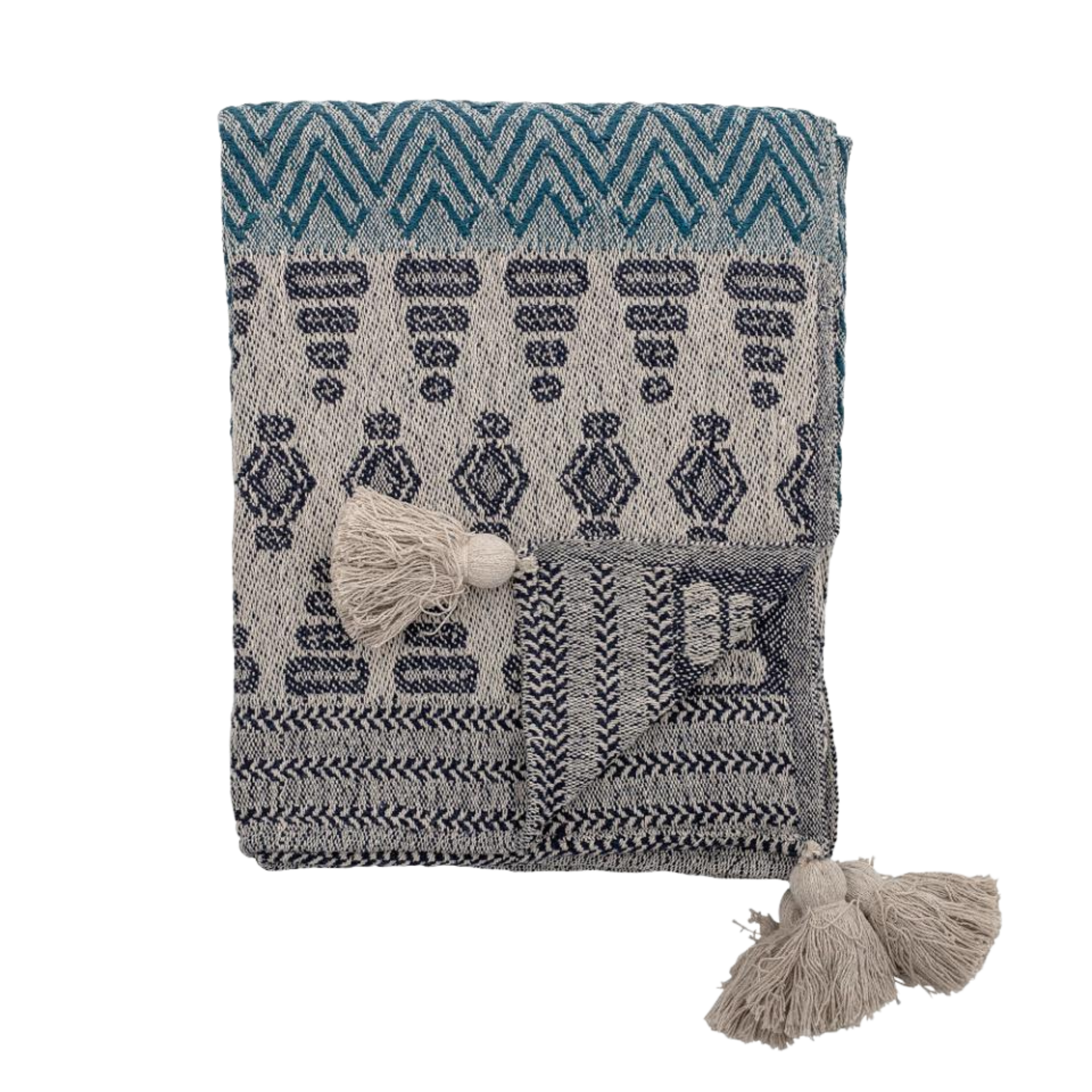 Milas pledd i blått og natur fra Creative Collection – resirkulert bomull med frynser og mønster