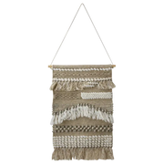 Håndlaget veggdekorasjon i tekstil i beige og elfenben med vevd struktur og frynser