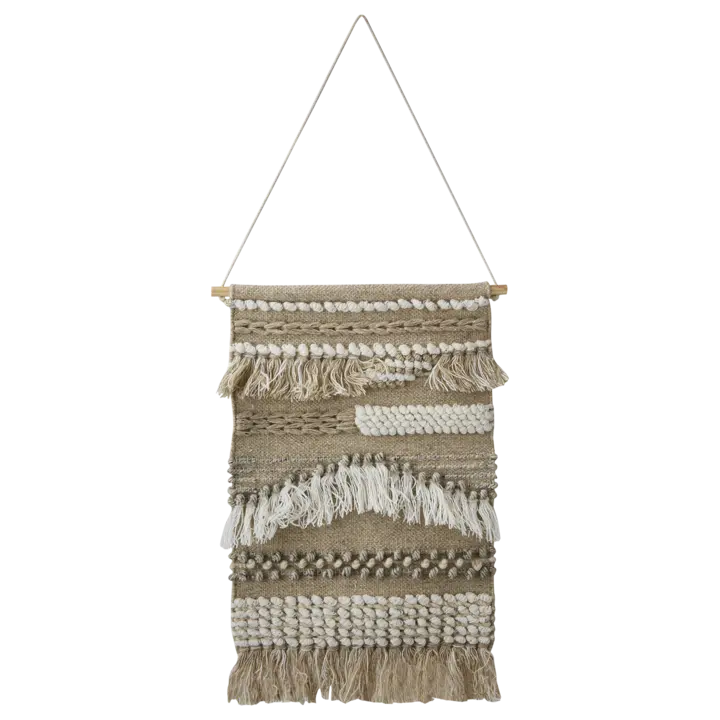 Håndlaget veggdekorasjon i tekstil i beige og elfenben med vevd struktur og frynser