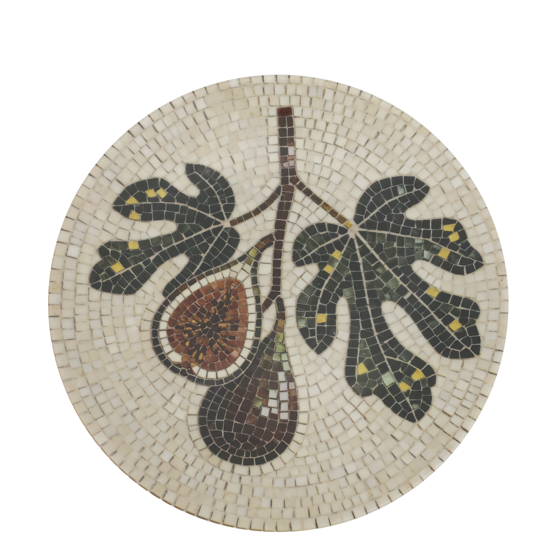 Mosaikkfat i steingods med dekorativt fikenmotiv i krem-, olivengrønne og brune toner.