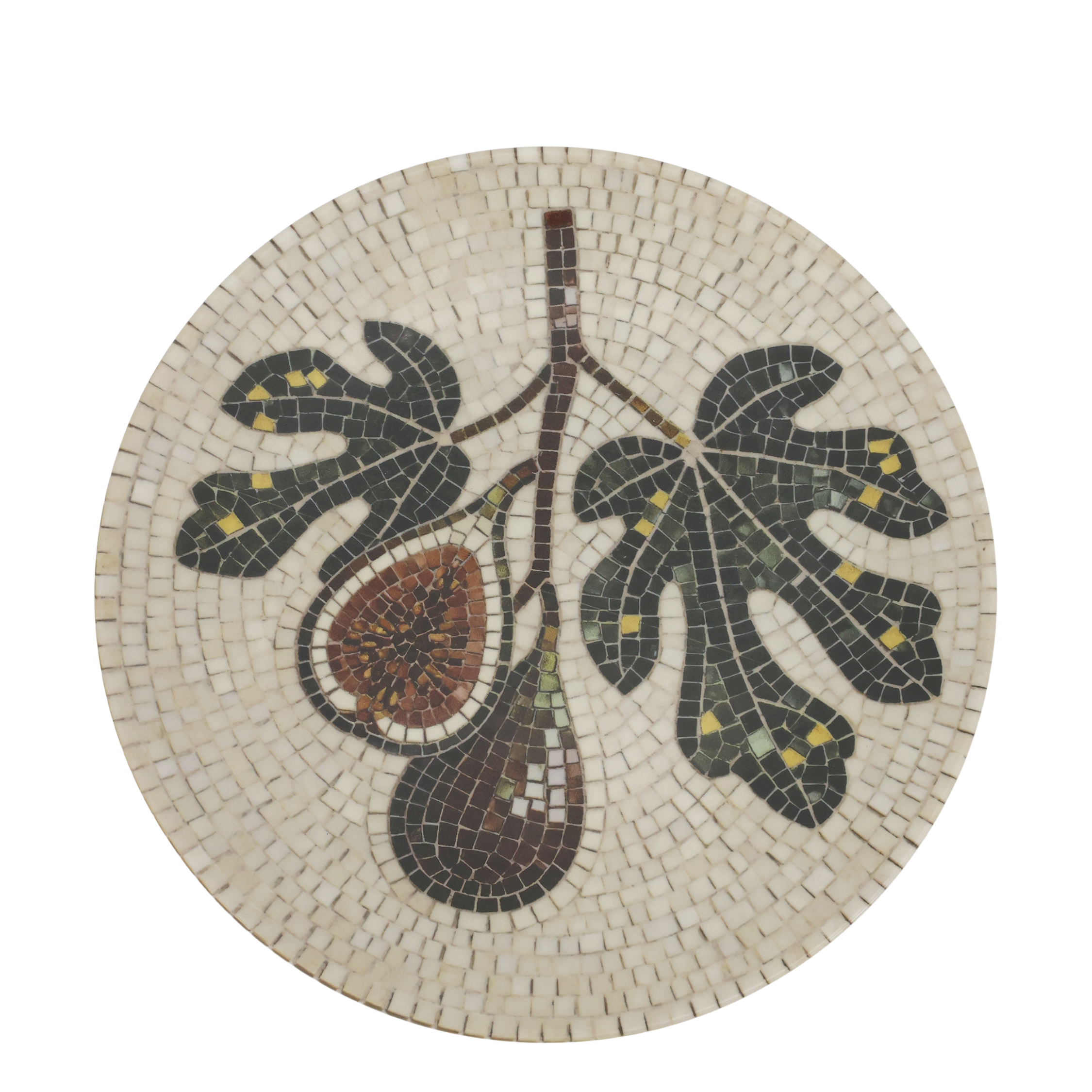 Mosaikkfat i steingods med dekorativt fikenmotiv i krem-, olivengrønne og brune toner.