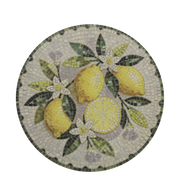 Mosaikkfat i steingods med dekorativt sitronmotiv i gule, grønne og kremfargede toner, Ø 21 cm.