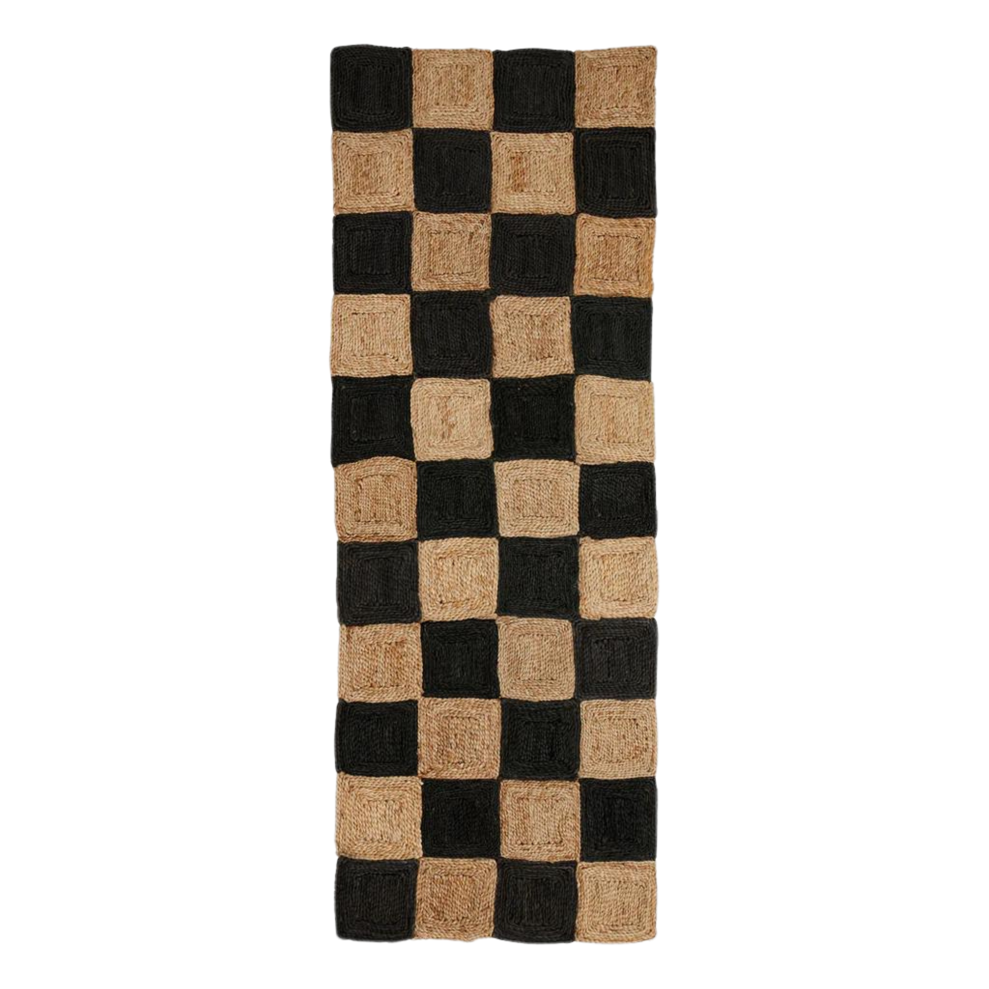 Nanea teppe i jute svart og natur, sjakkmønster 70x200 cm, håndlaget gulvteppe i naturmaterialer fra Nordal.