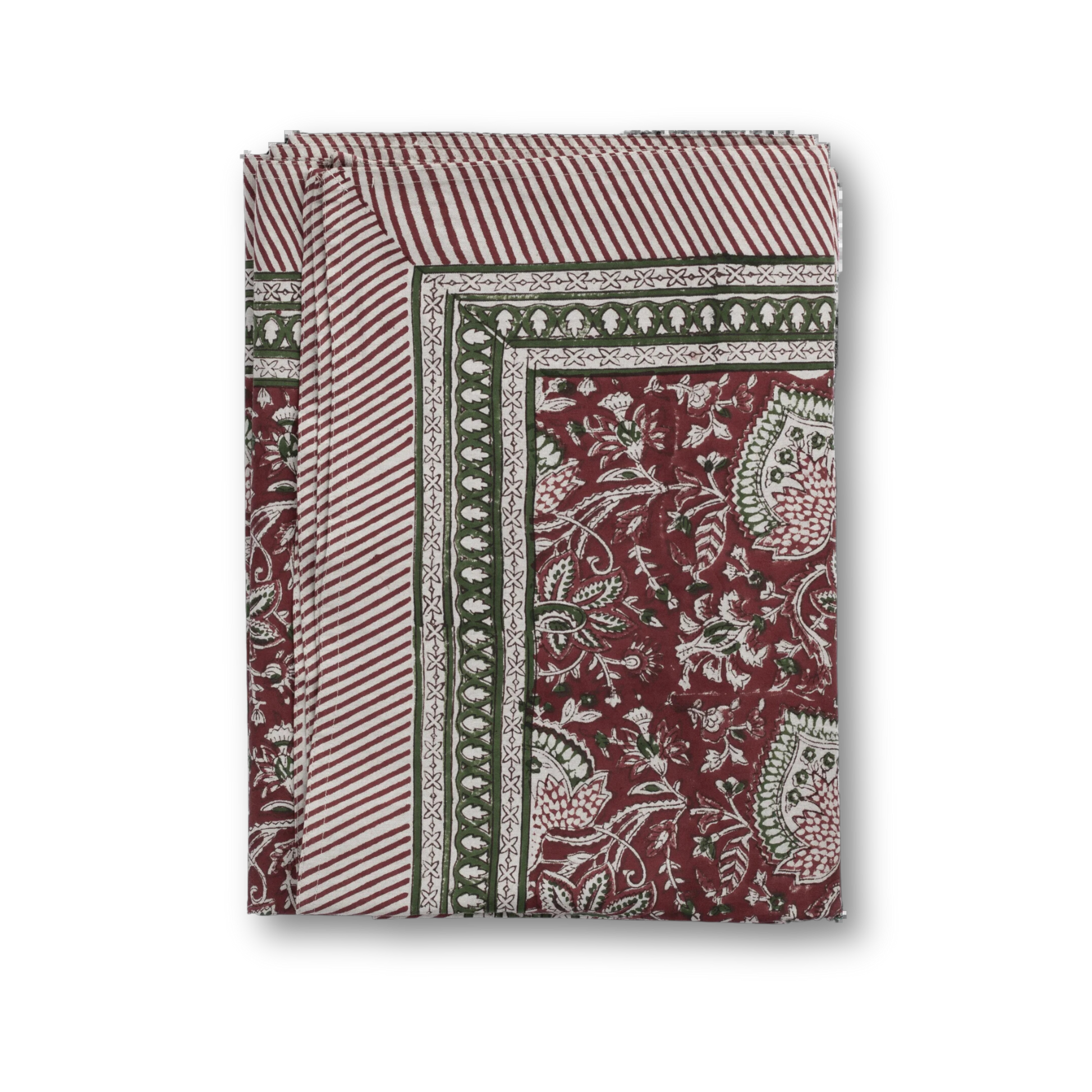 Orientalsk juleduk i rødt bomull med håndtrykket blokktrykk-mønster i grønne og naturhvite toner.