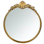 Rundt speil med gullfarget ornamentert ramme i metall – klassisk og elegant veggspeil til stue, gang eller soverom.