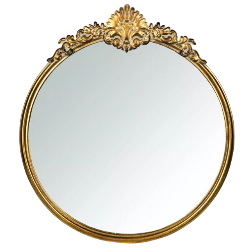 Rundt speil med gullfarget ornamentert ramme i metall – klassisk og elegant veggspeil til stue, gang eller soverom.