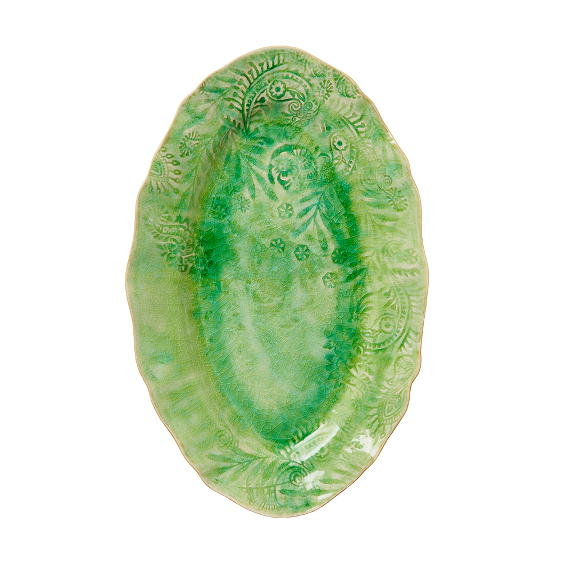 Ovalt serveringsfat i Seaweed fra Sthål Ceramics – grønn glasur med krakelert tekstur.