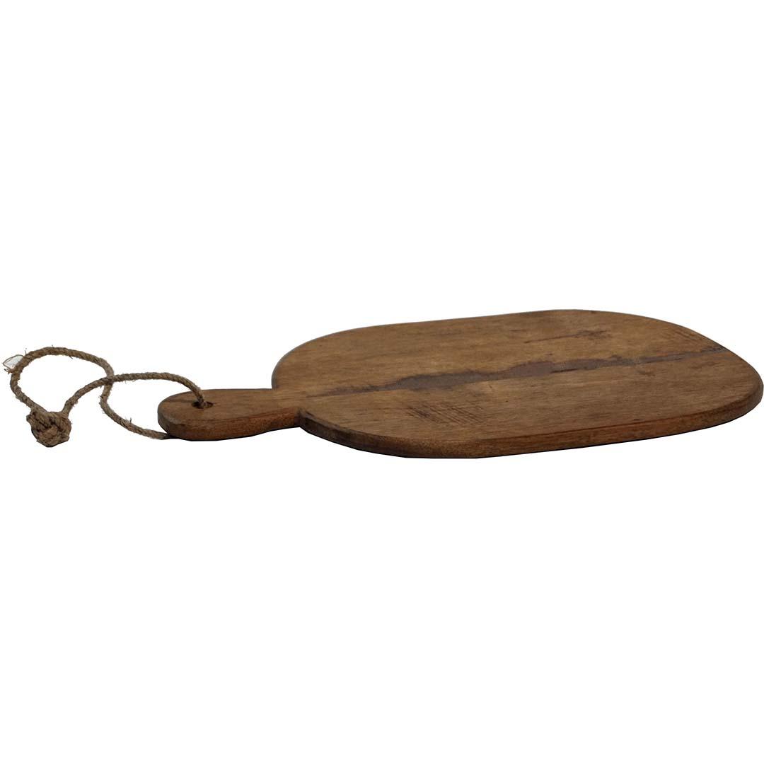 Pelle ovalt skjærebrett i akasietre med håndtak og lærsnor, 38 cm