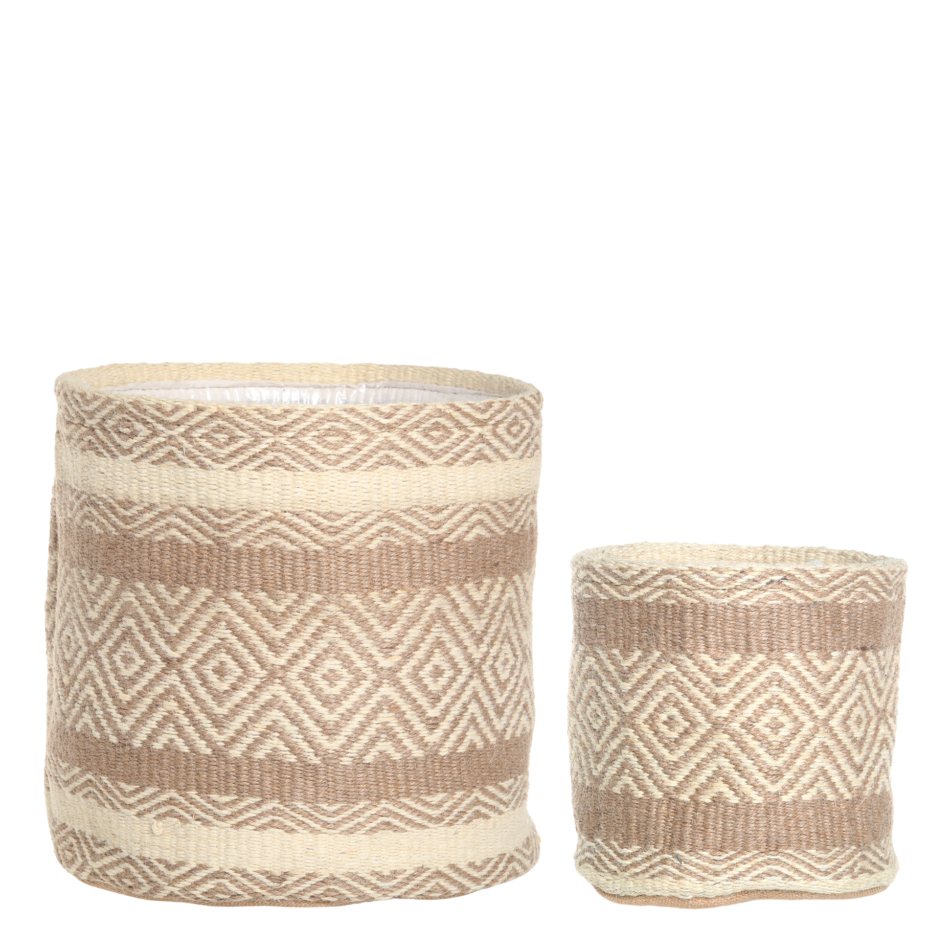 Chic Antique potteskjuler i håndvevd jute, beige og kremfarget med geometrisk mønster – selges enkeltvis.