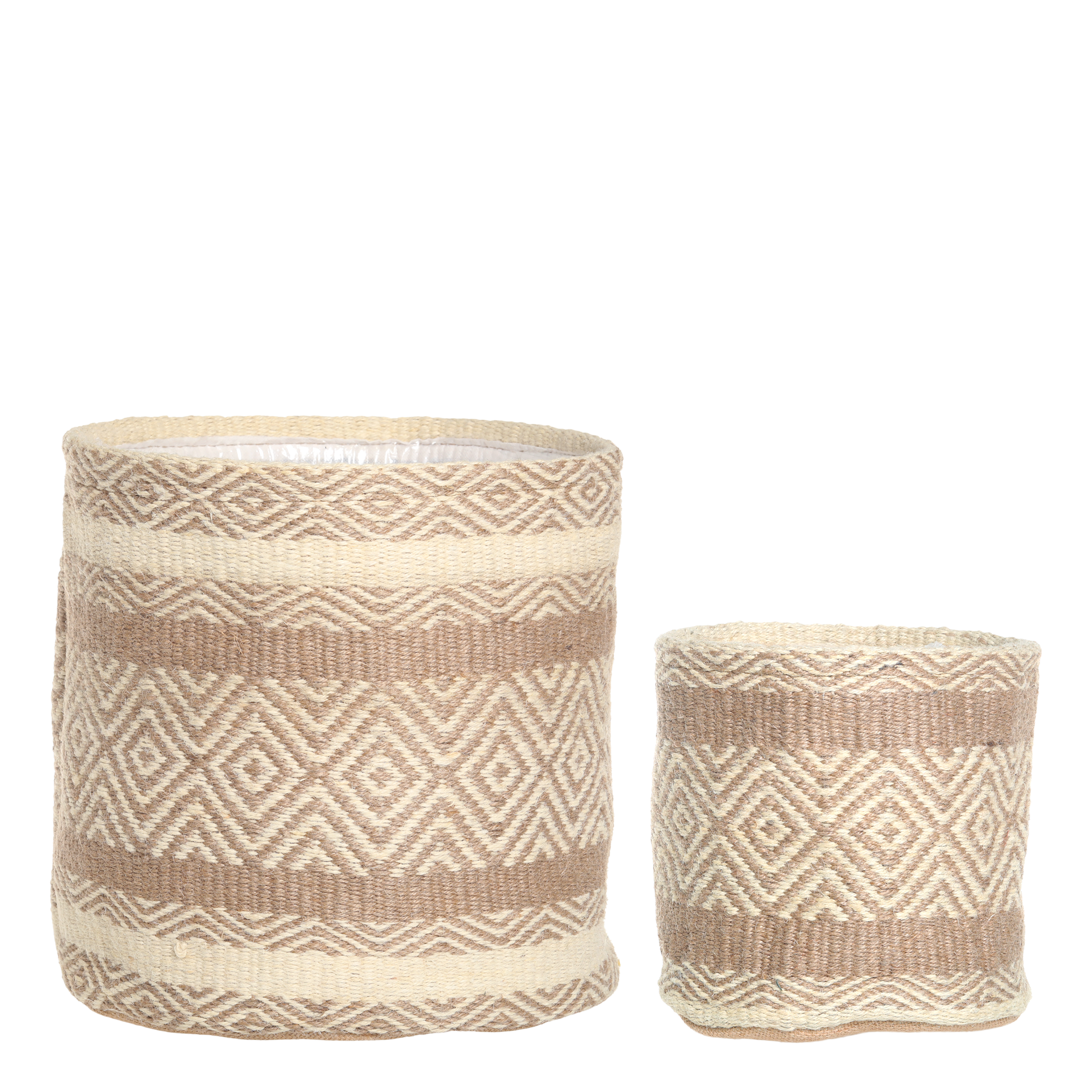 Chic Antique potteskjuler i håndvevd jute, beige og kremfarget med geometrisk mønster – selges enkeltvis.