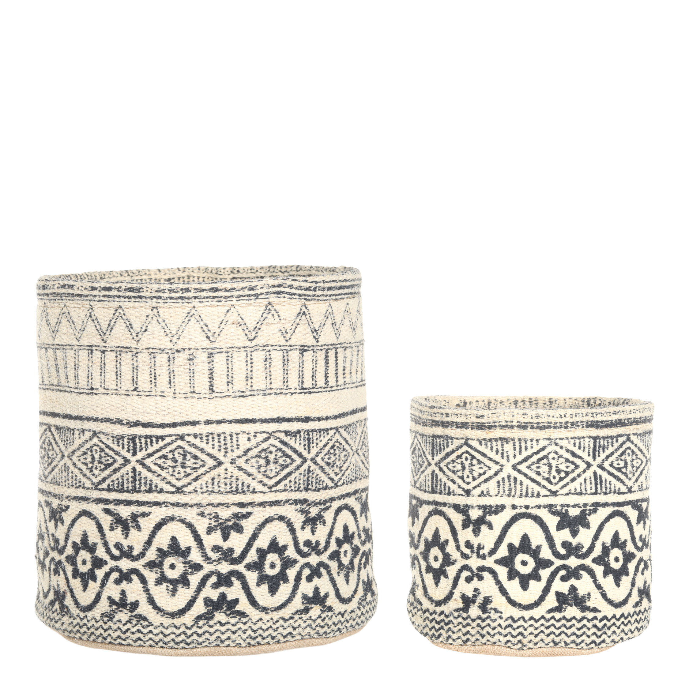 Chic Antique potteskjuler i håndvevd jute, sort og hvit med mønster – naturlig design som passer perfekt til planter og oppbevaring.