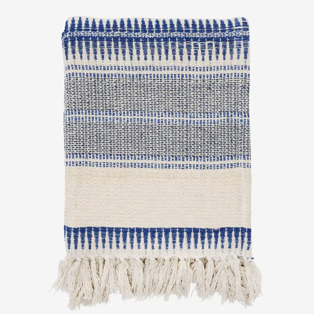 Resirkulert bomull pledd i blått og offwhite med striper