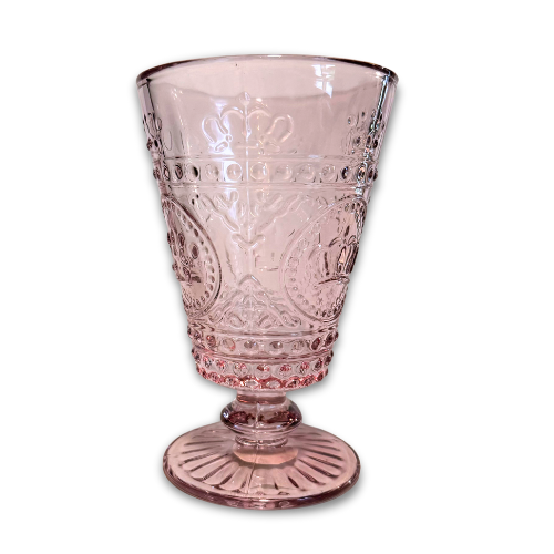 Vintage rosa drikkeglass med stett og kronemønster fra Filipiniana, 15 cm høyt