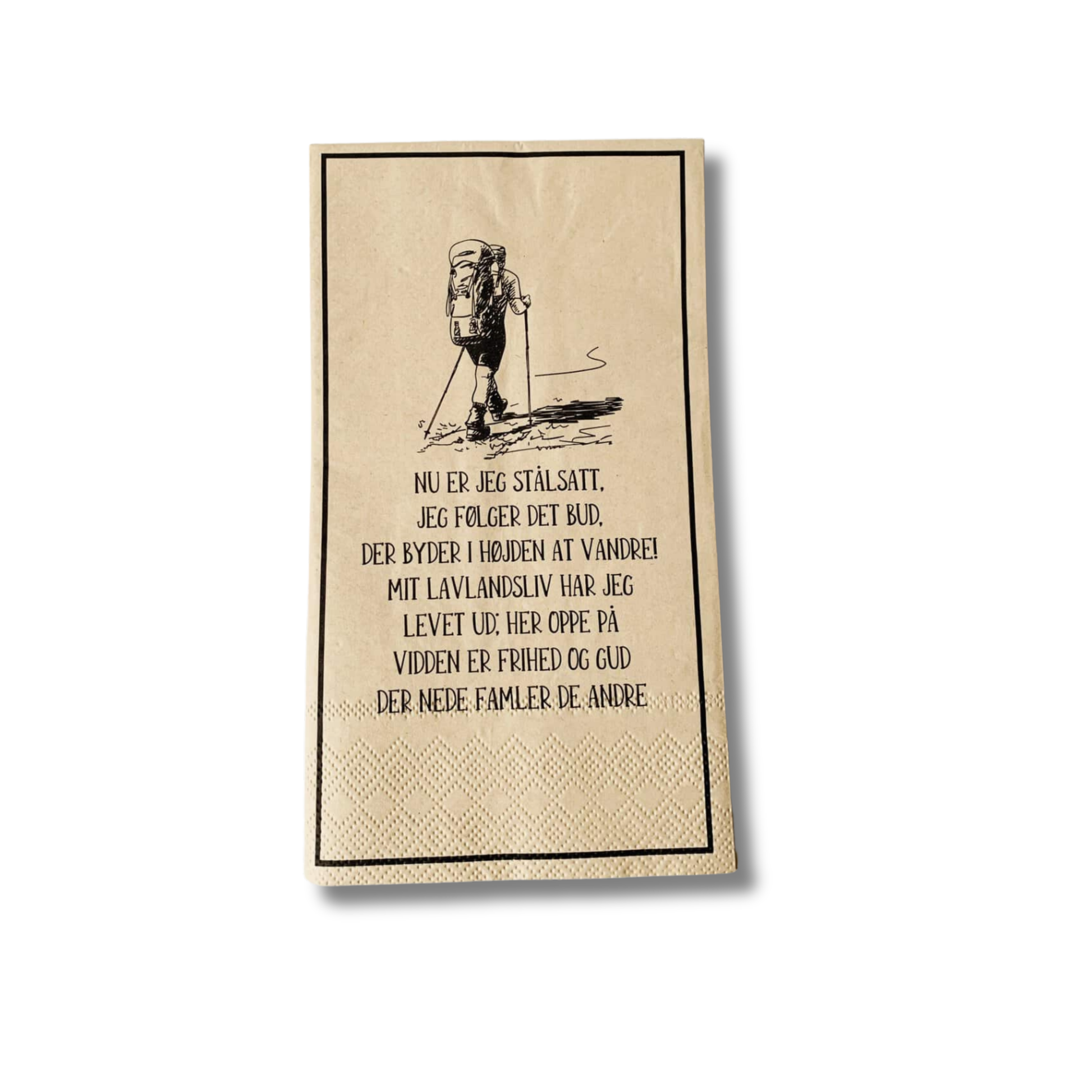 Serviett med tekst «Nu er jeg stålsatt» med illustrasjon av vandrer i fjellet, 33x40 cm
