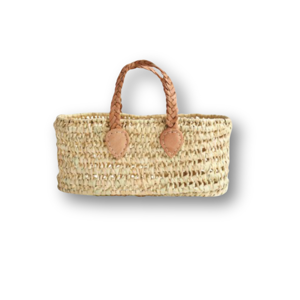 Håndflettet shopper-veske i palmeblad med skinnhåndtak, liten naturfarget kurvveske – perfekt til oppbevaring, strand eller marked.