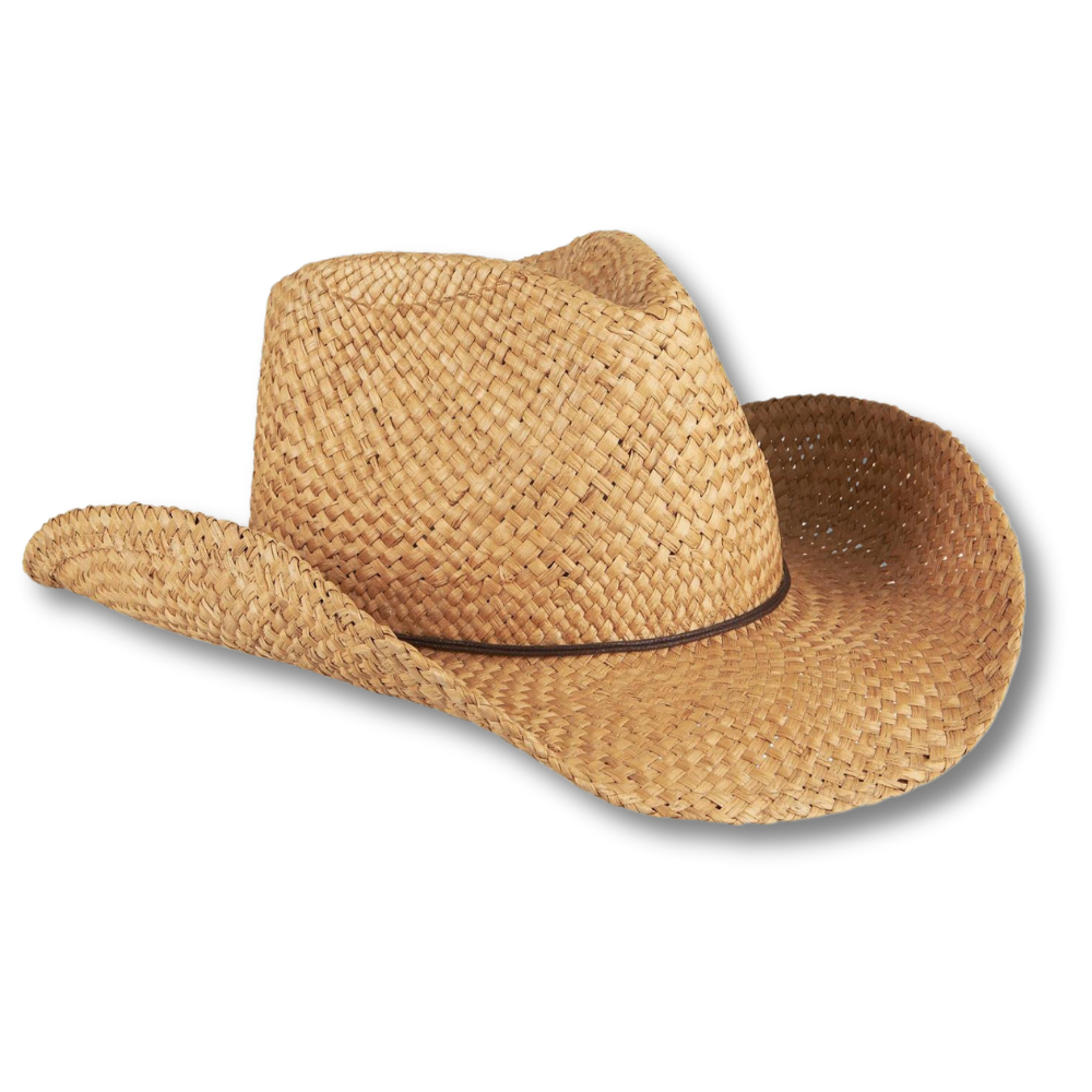 Håndflettet cowboyhatt i strå med brunt bånd – Stella solhatt dame.