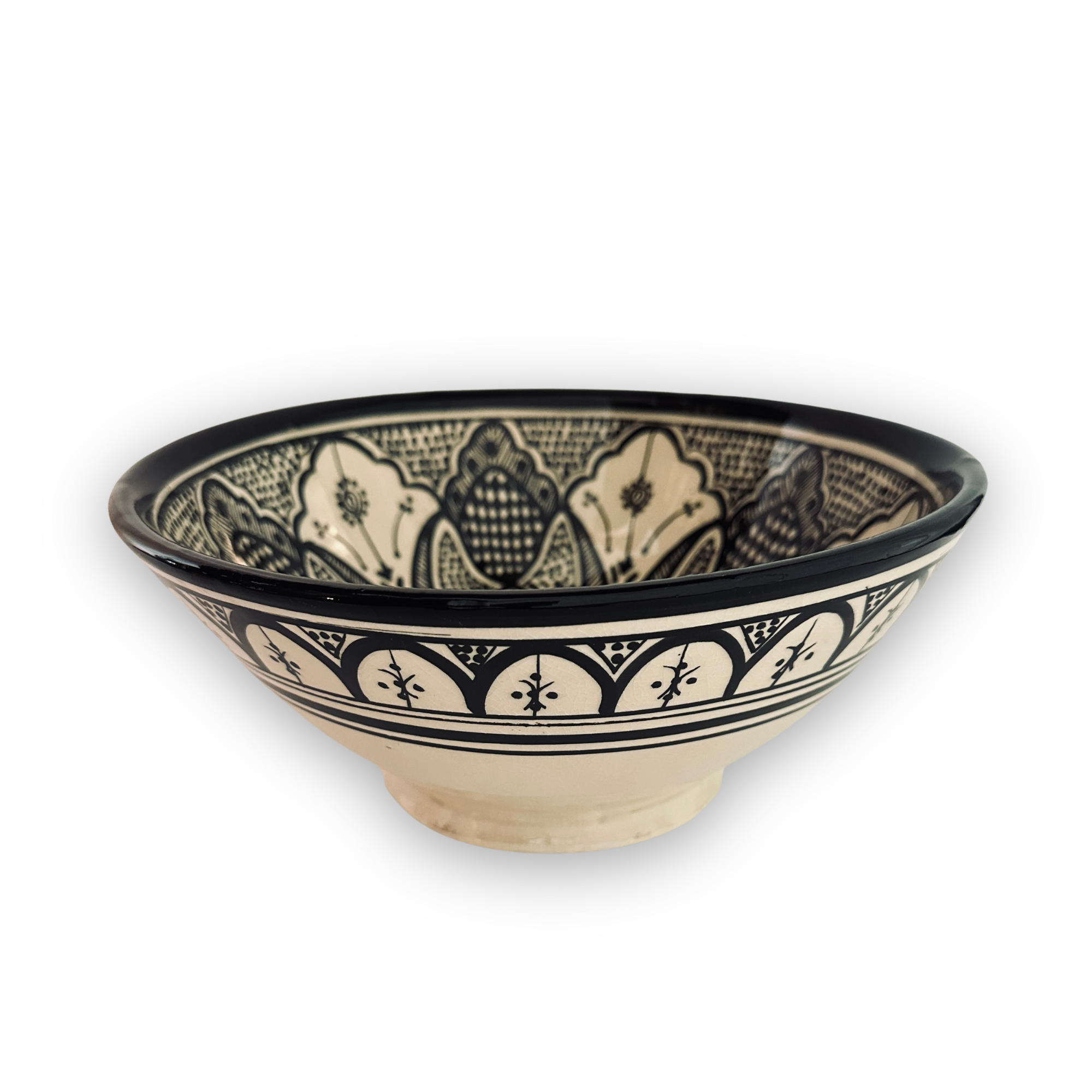 stor håndmalt marokkansk keramikkskål svart og hvit
