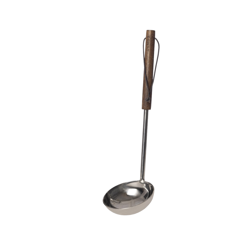 Ernst suppeøse i rustfritt stål med håndtak i mørkt mangotre