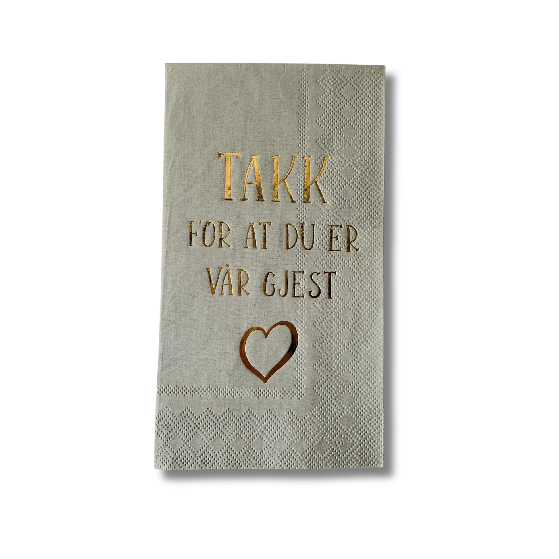 Serviett takk for at du er vår gjest – dekorativ papirserviett med gulltekst. Perfekt til borddekking, selskap og hyggelige anledninger. 33×40 cm.