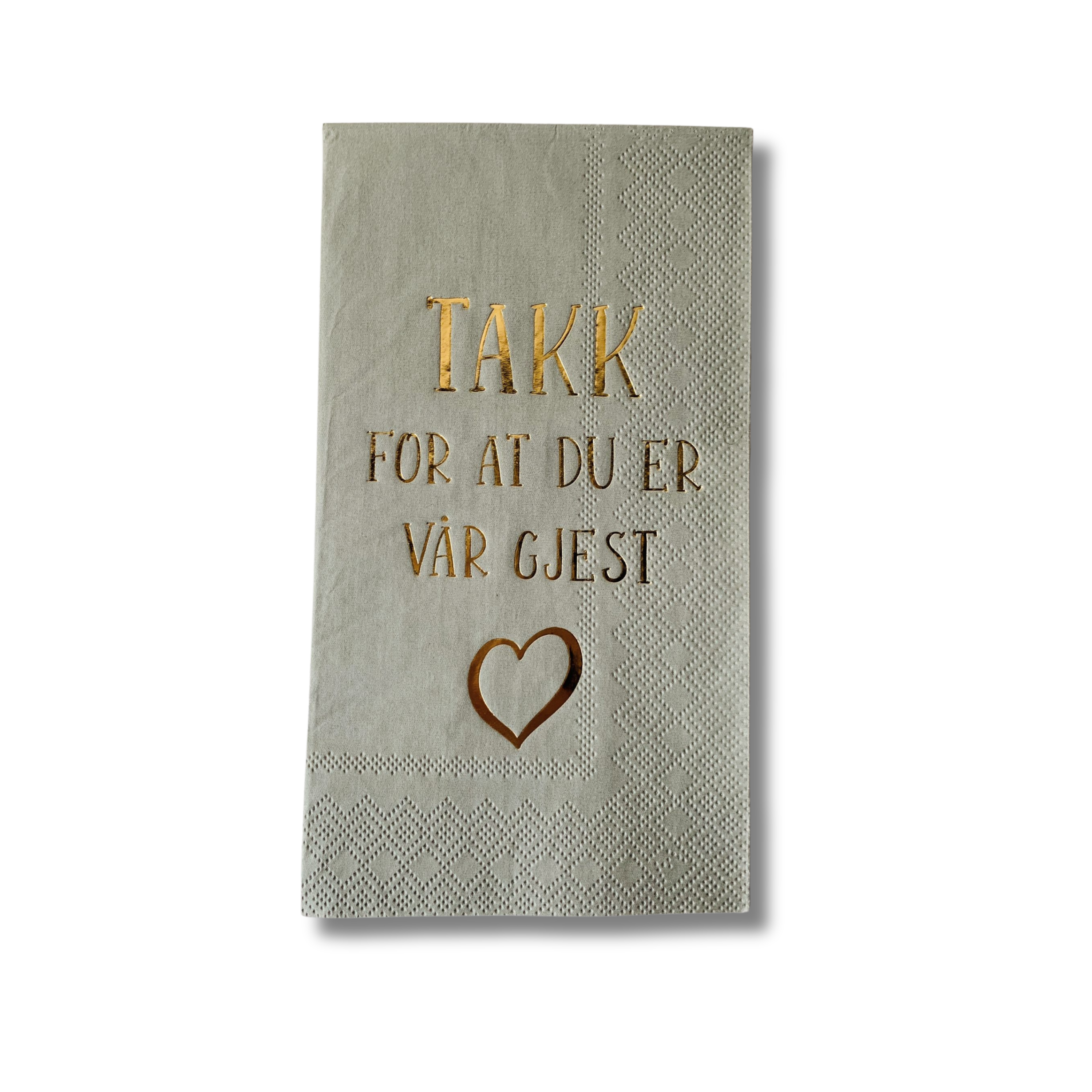 Serviett takk for at du er vår gjest – dekorativ papirserviett med gulltekst. Perfekt til borddekking, selskap og hyggelige anledninger. 33×40 cm.