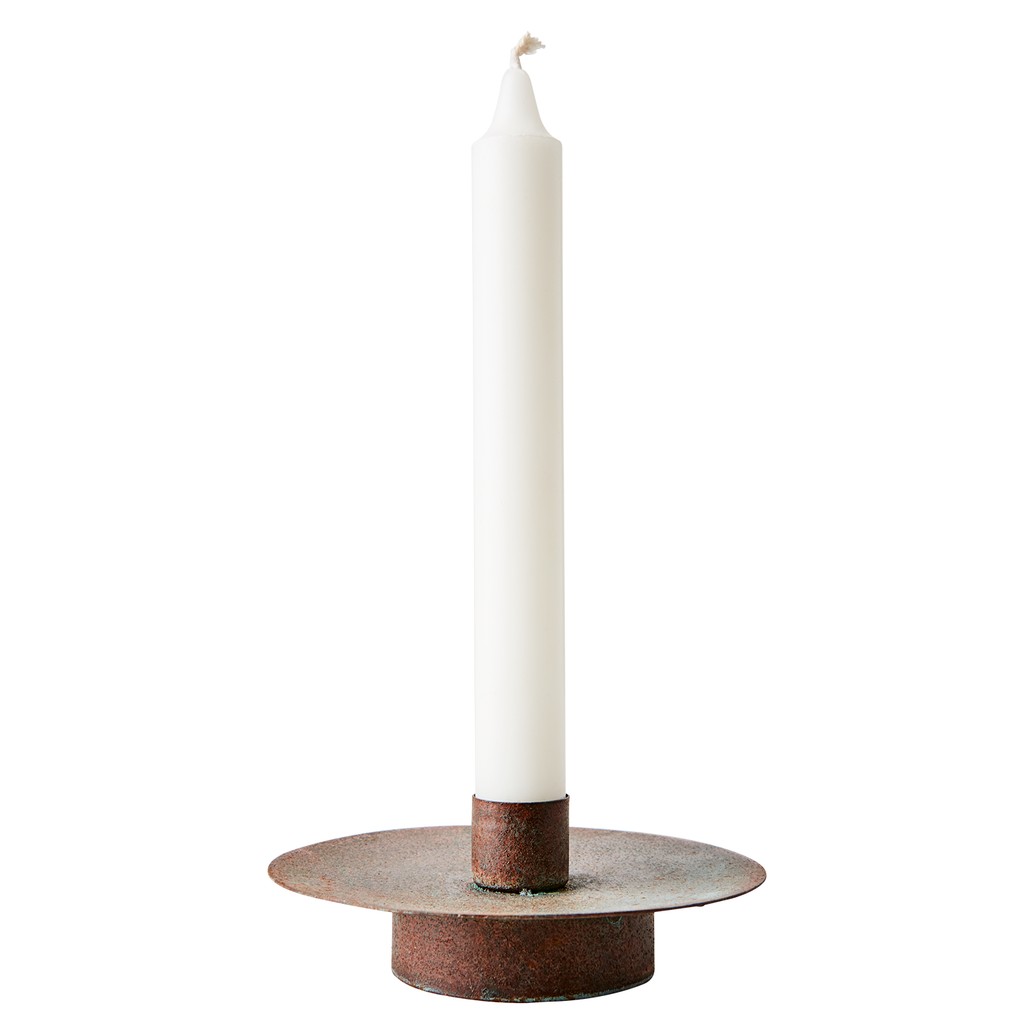 Kobberfarget kammerstake i jern med bred plate og sylinderformet lysholder Ø12 cm