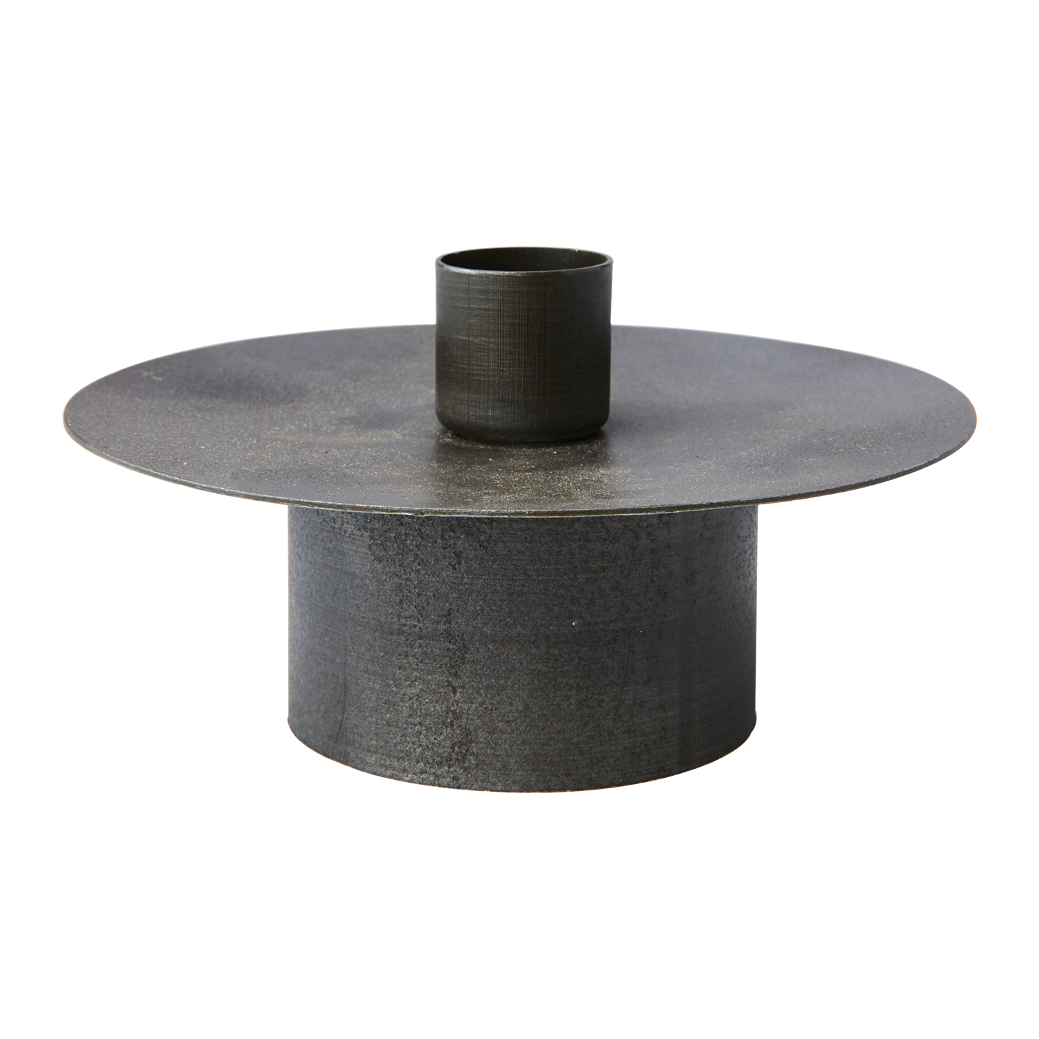 Grå kammerstake i jern med bred plate og sylinderformet lysholder Ø12 cm