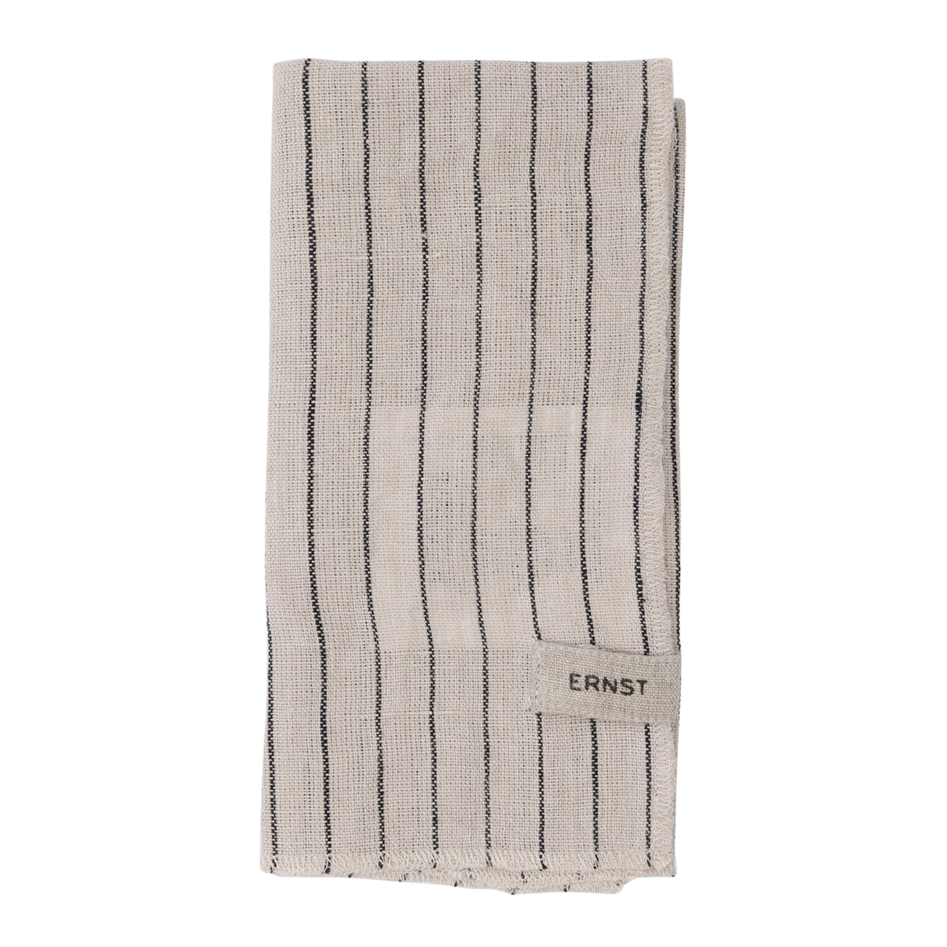 Tøyserviett i lin fra Ernst, naturfarget med sorte striper, brettet og merket med logo