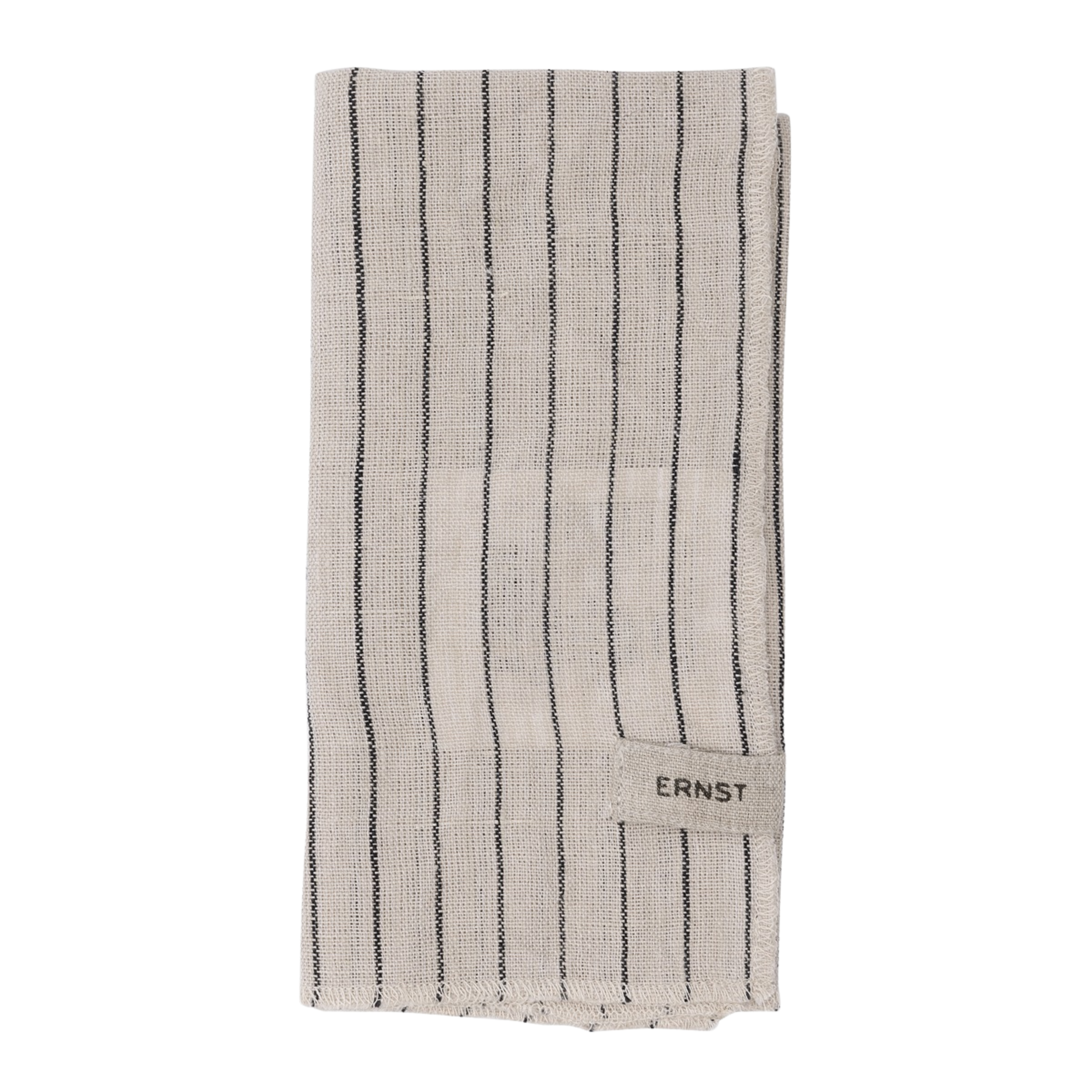 Tøyserviett i lin fra Ernst, naturfarget med sorte striper, brettet og merket med logo