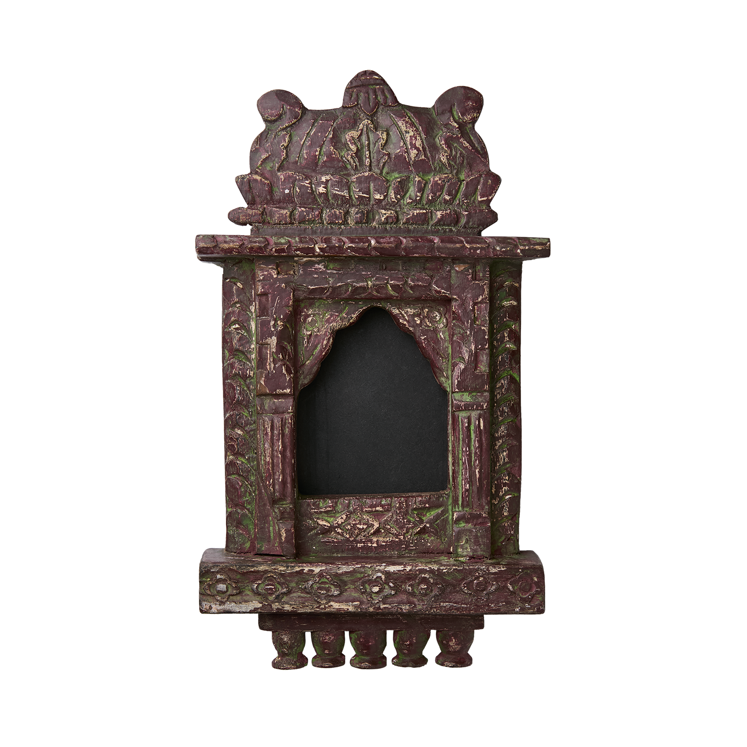 Vintage veggdekor i bordeaux laget av tre og jern, håndlaget ram inspirert av indisk interiør