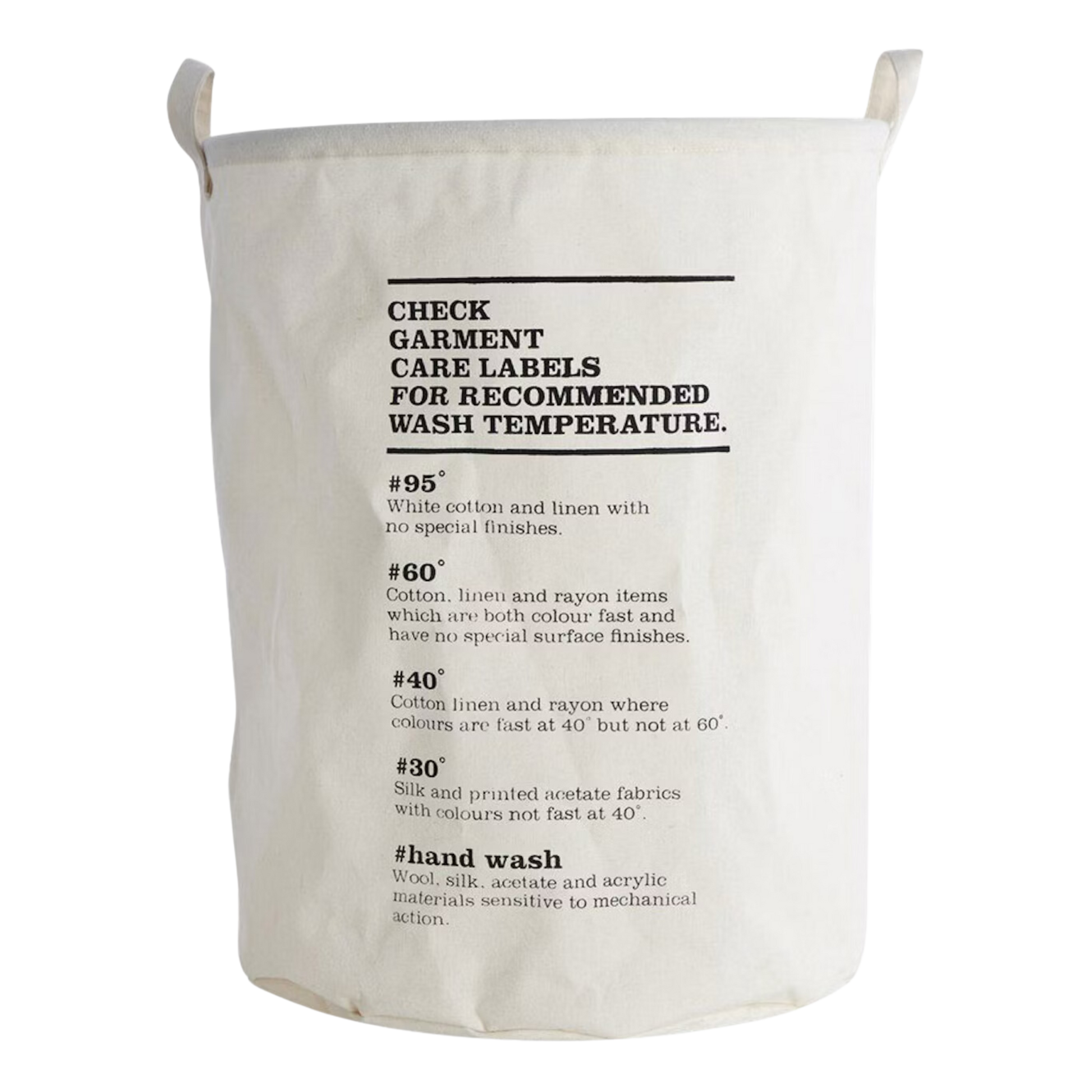 House Doctor vaskekurv med grafisk vaskeanvisning – nærbilde av tekstprint i sort på naturfarget stoff.